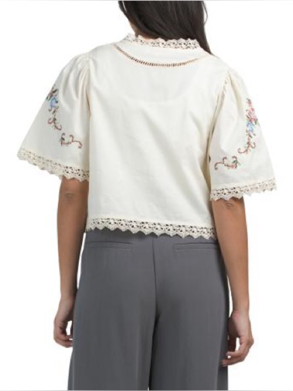 Jennifer & Grace Romantic Eyelet Embroidered Short Sleeve Tie Front Blouse XL - Picture 3 of 13